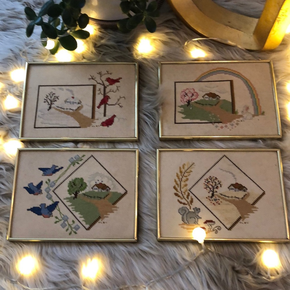 4 piece gold framed cross-stitch set of the 4 seasons. Dreamy to take in 💛